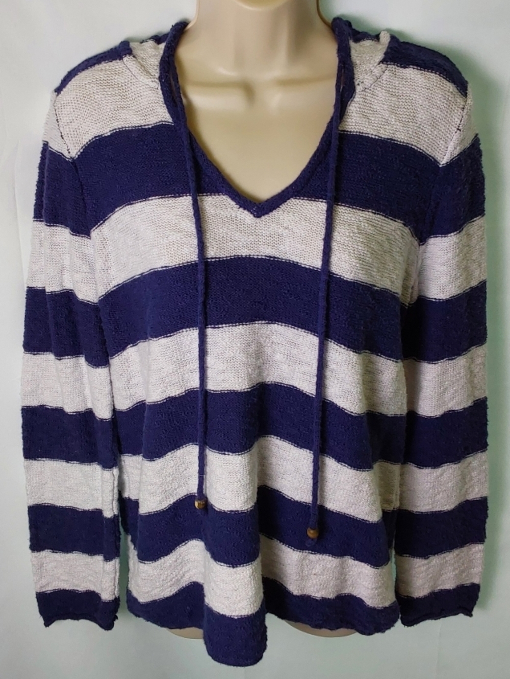 Faded Glory Navy and Cream Striped Knit Hoodie